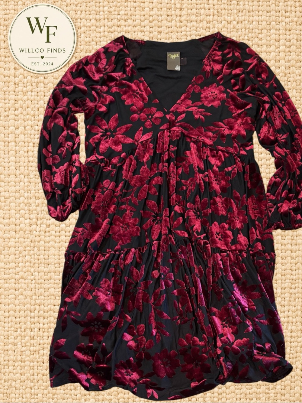 Taylor Floral Velvet Burnout Tiered Women’s Midi Dress Size 4 Black Burgundy